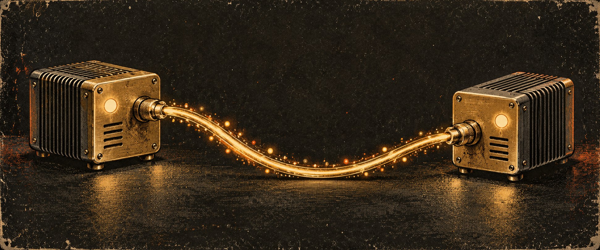 Two engraved desktop computing units connected by a single glowing golden cable carrying sparks of data