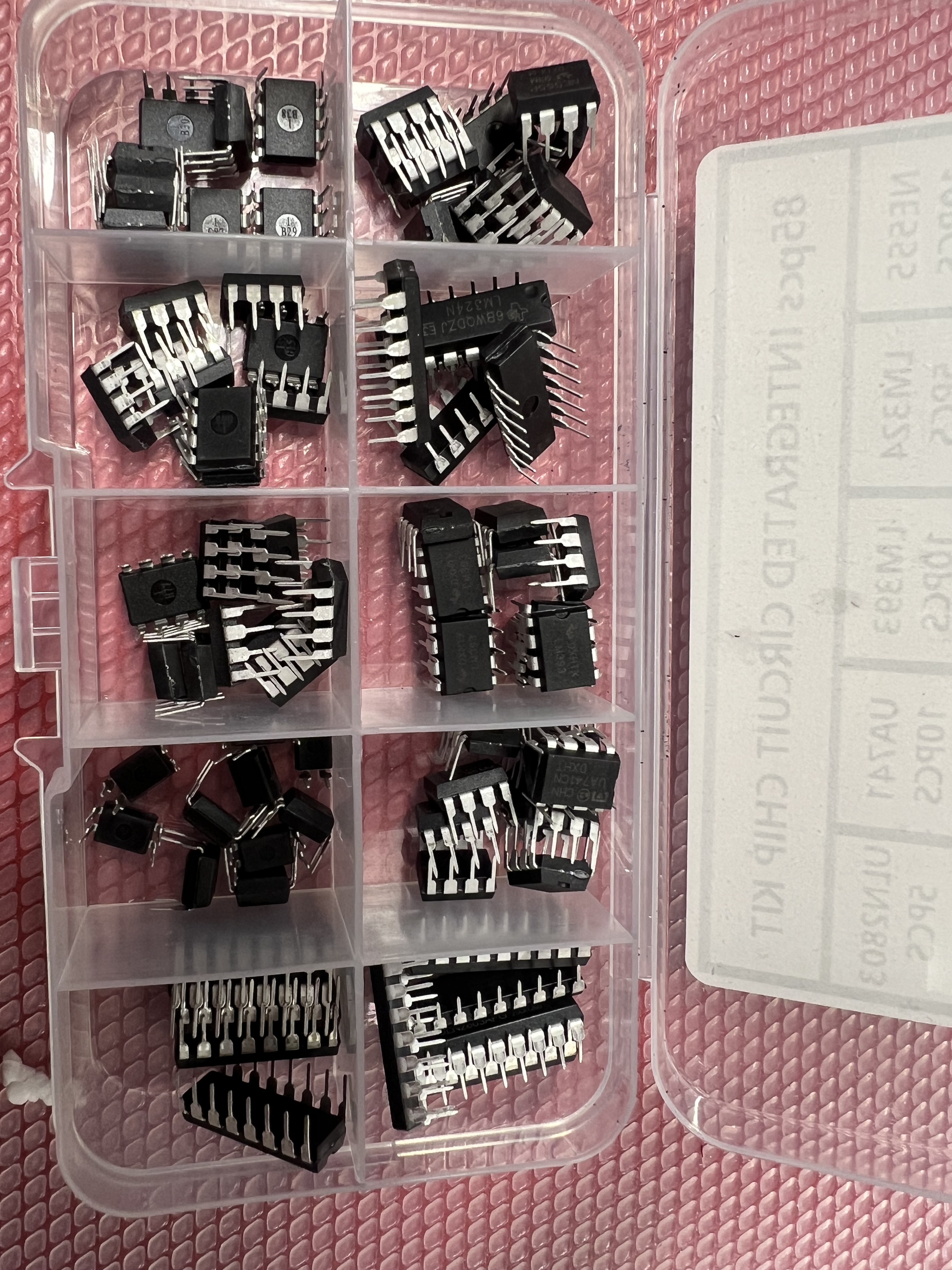 Assorted DIP integrated circuits in a component organiser
