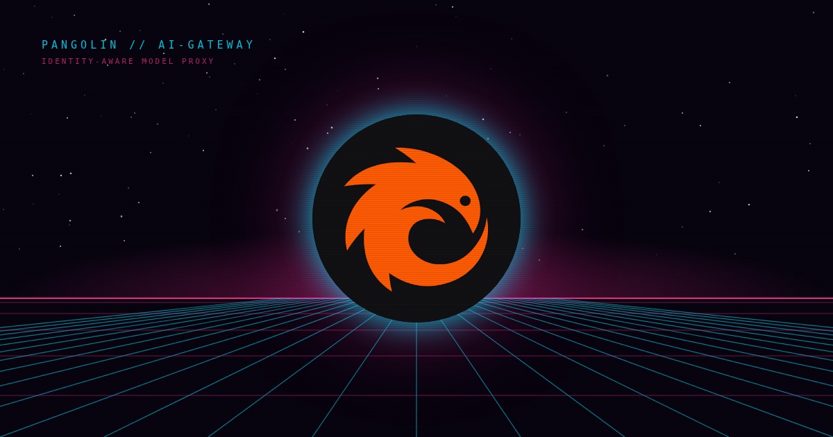 Cyber-pangolin emblem glowing over a neon wireframe grid in cyan and magenta
