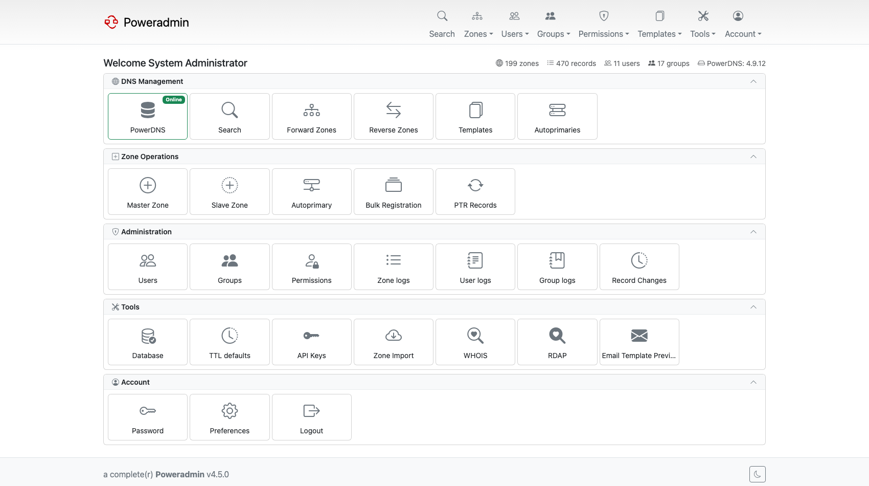 Poweradmin dashboard showing DNS operations, users, groups, permissions, logs and API-key management