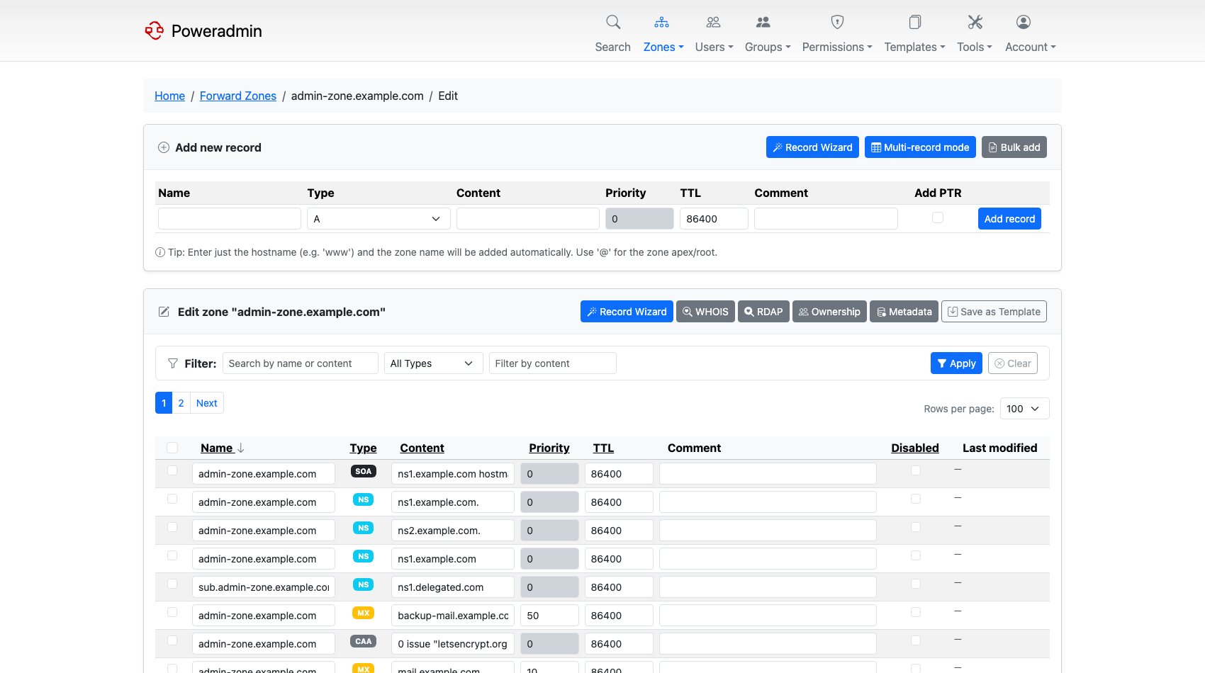 Poweradmin zone editor showing inline record creation, filtering, ownership and metadata controls
