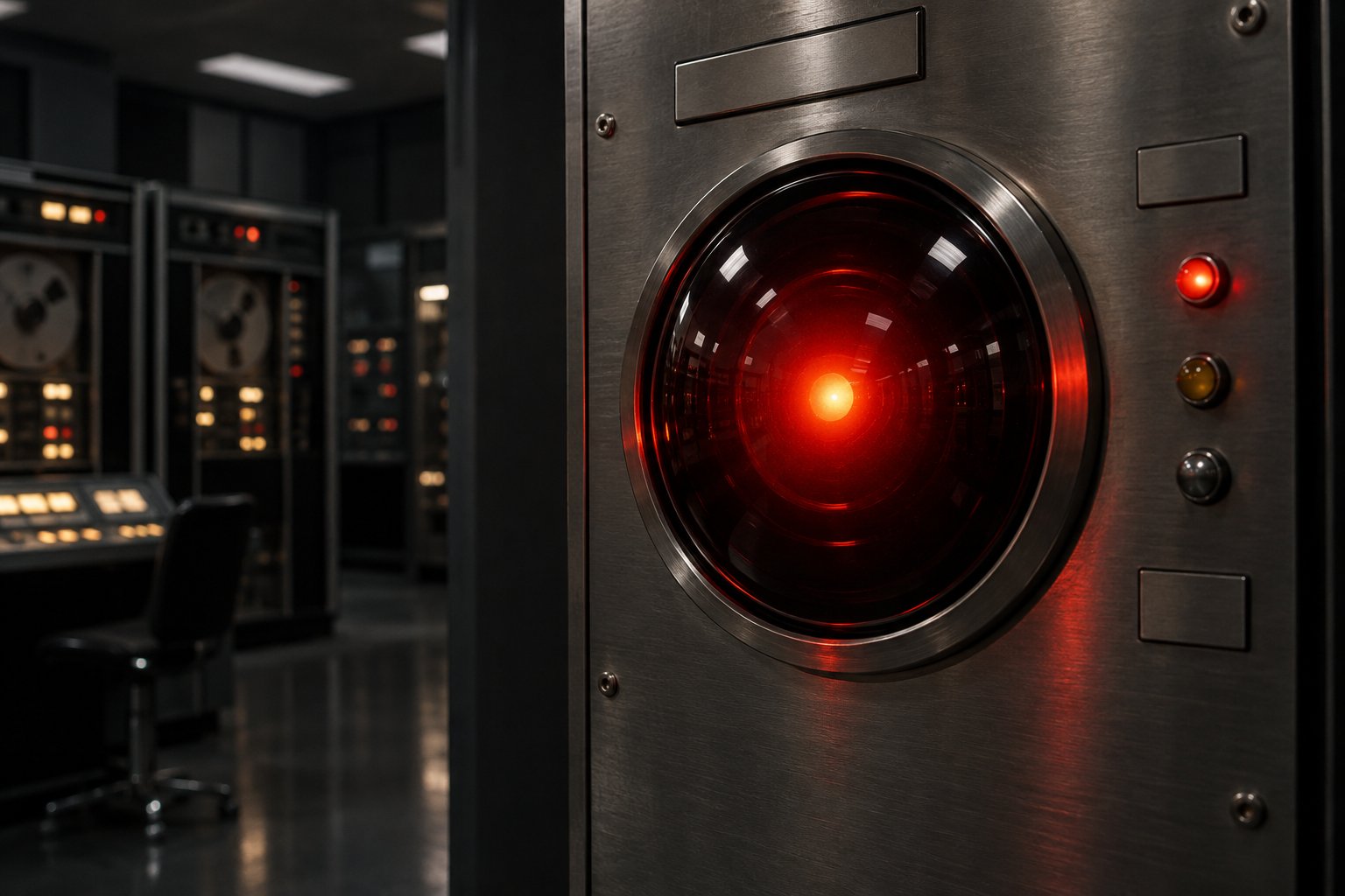 A glowing red camera lens eye set into a brushed metal panel in a dark retro computer room
