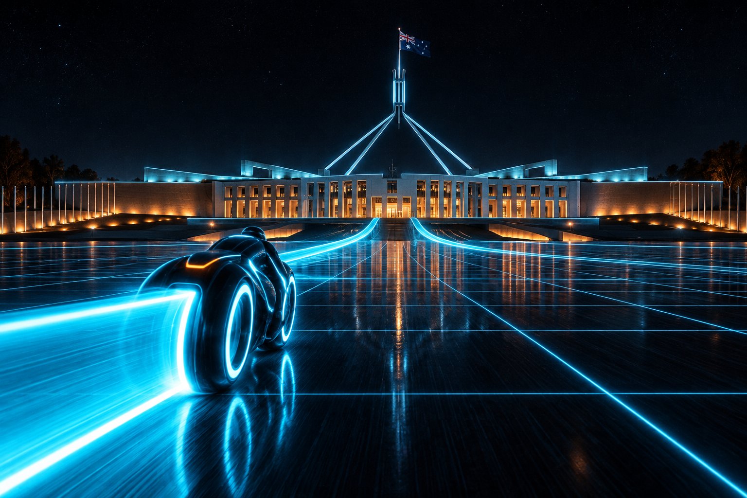A Tron-style light cycle with a glowing cyan trail speeding toward New Parliament House on a dark neon grid