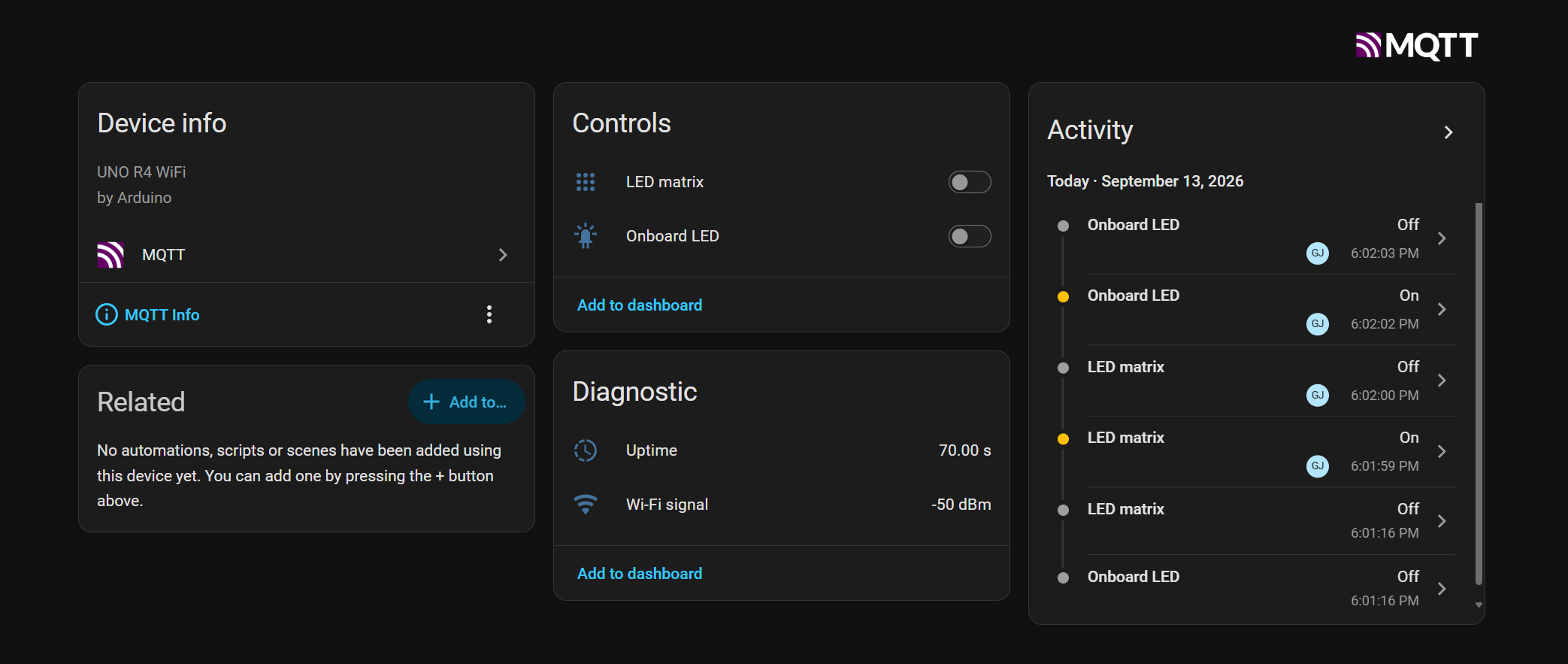 Home Assistant showing the UNO R4 WiFi MQTT device, LED matrix and onboard LED controls, uptime, Wi-Fi signal and recent activity