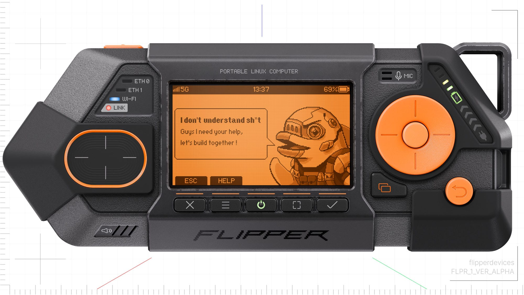 Flipper One alpha design render showing a black handheld Linux computer with an orange display, directional controls, and Ethernet and Wi-Fi indicators