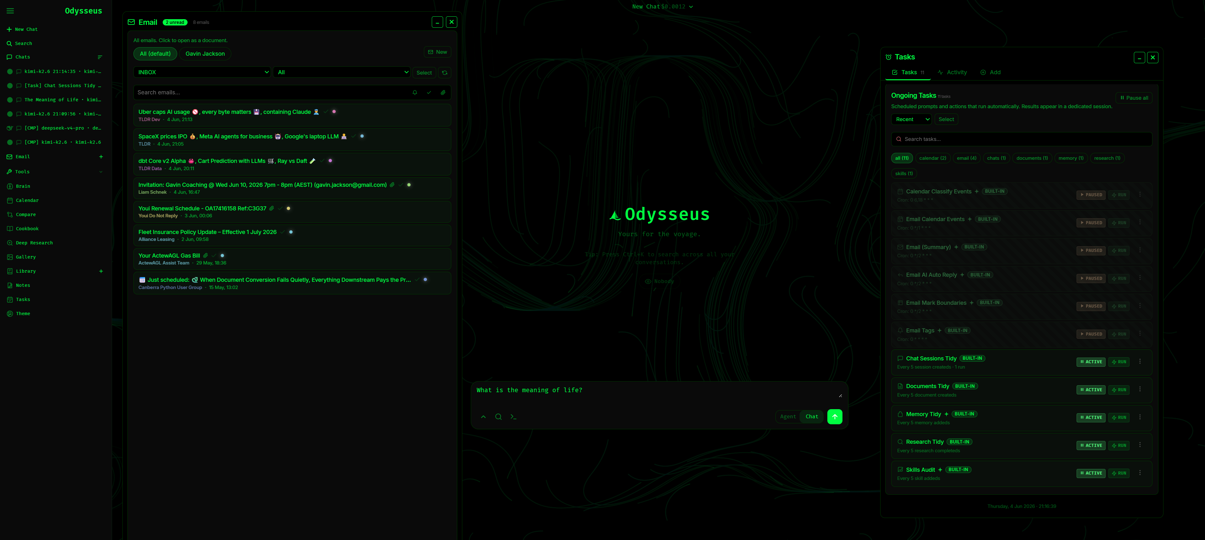 Odysseus workspace interface showing email, chat, and tasks panels