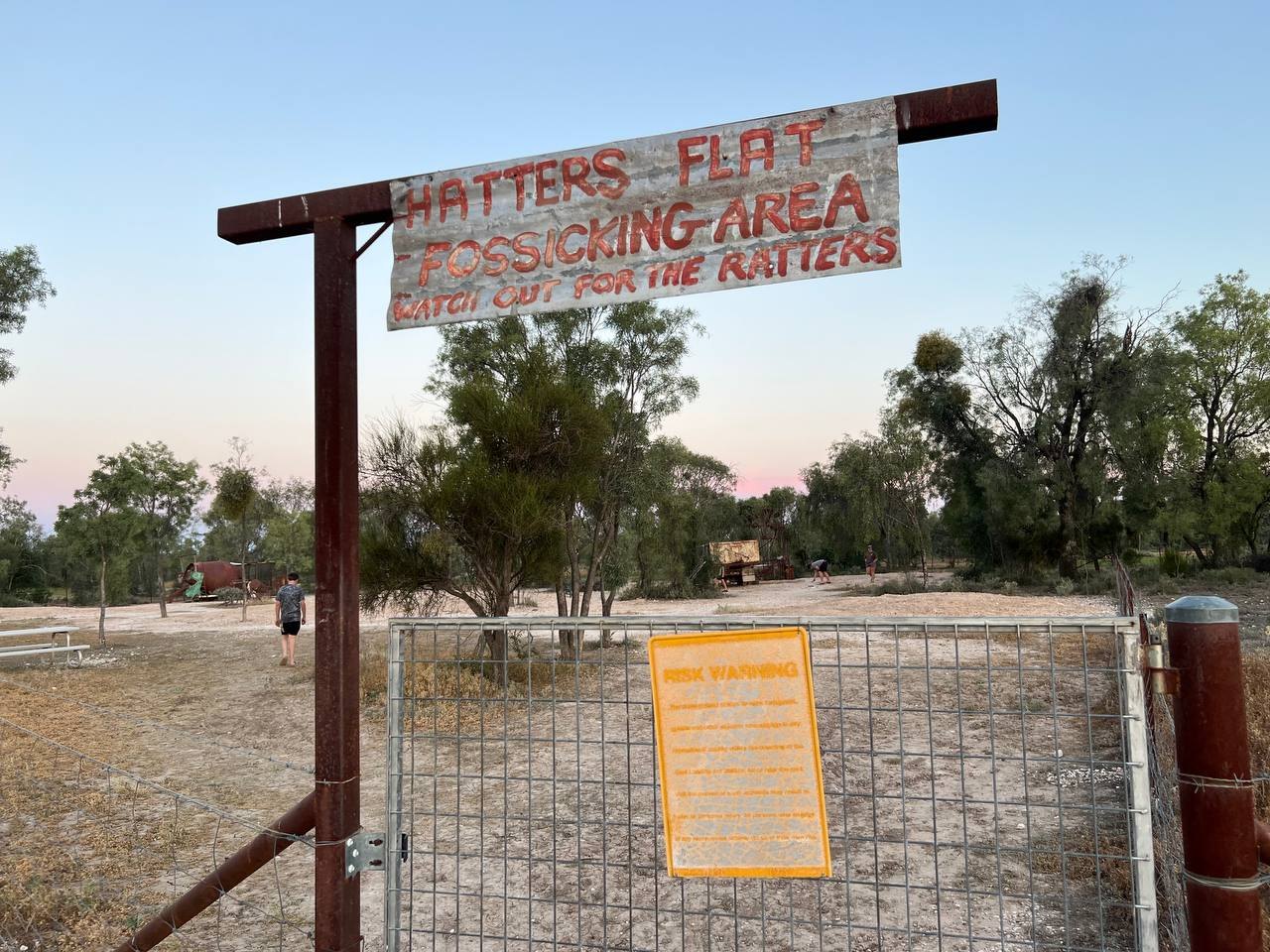 The gated entrance to the Hatters Flat fossicking area at dusk
