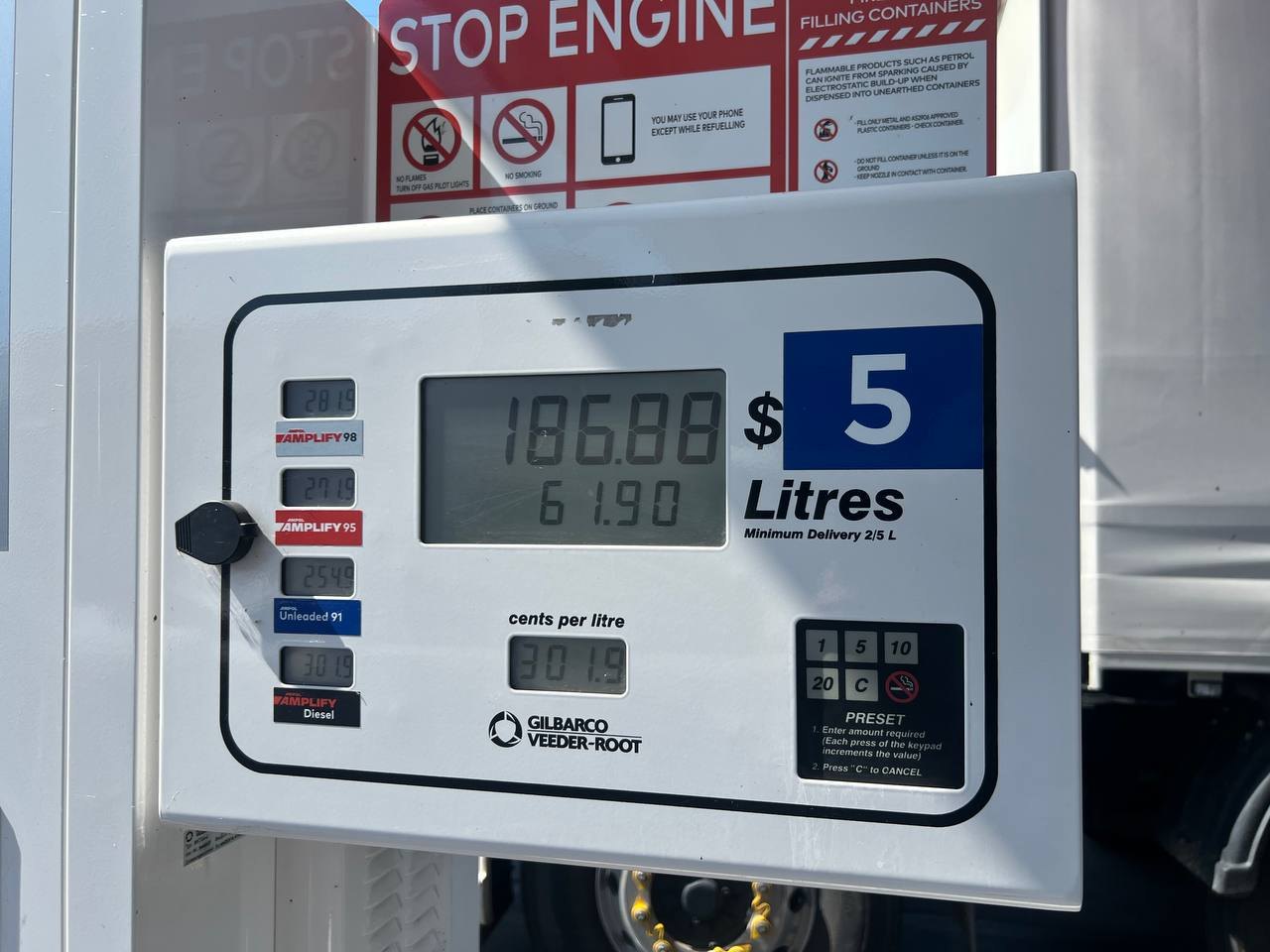 The fuel pump at Narrabri showing diesel at 301.9 cents a litre