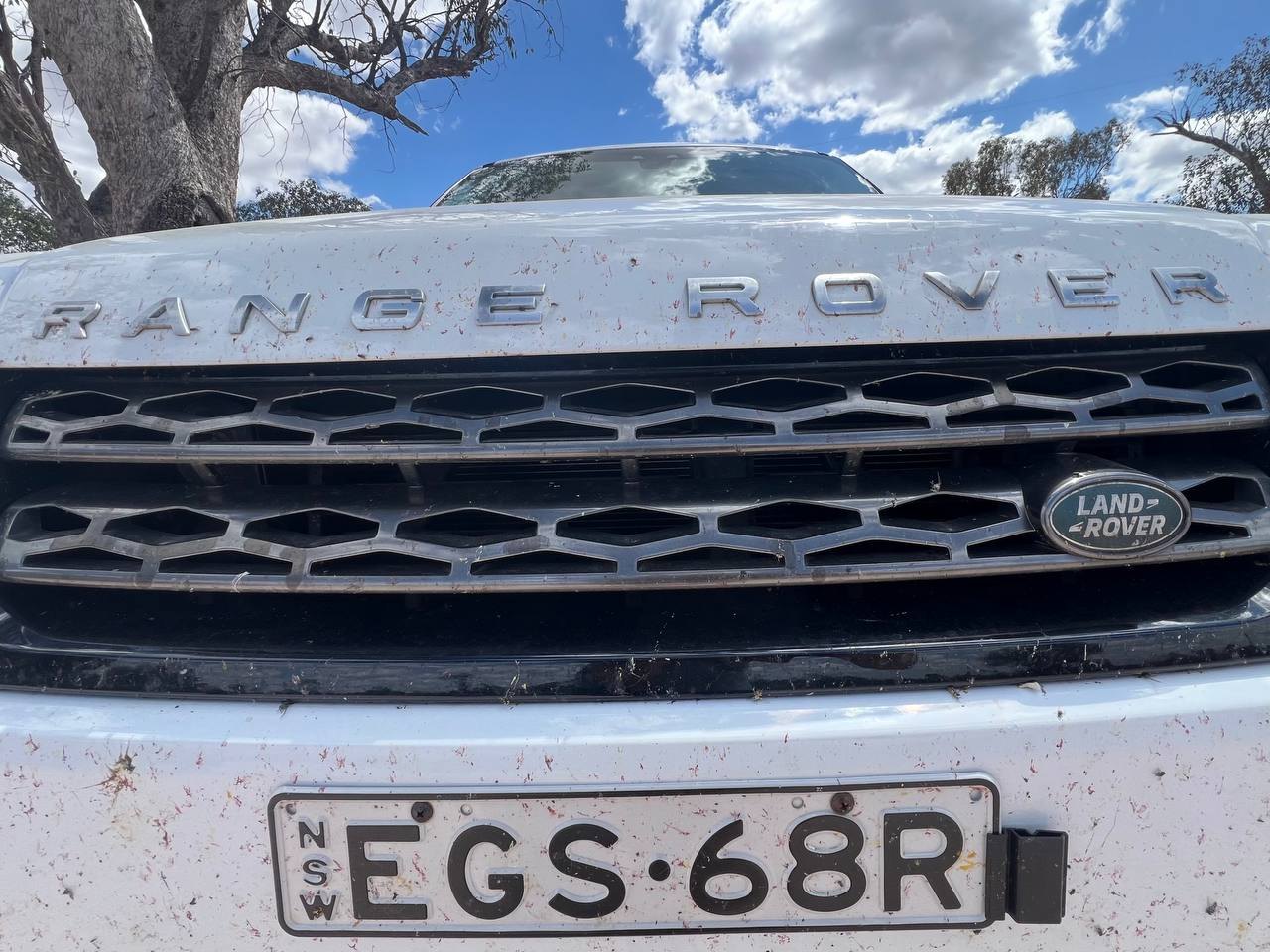 The bug-splattered front grille and bonnet of the Range Rover after a day on outback roads